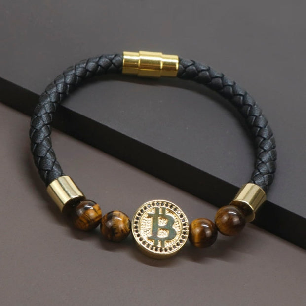 Natural Tiger Eye Stone Leather Bracelet - Coined Clothing