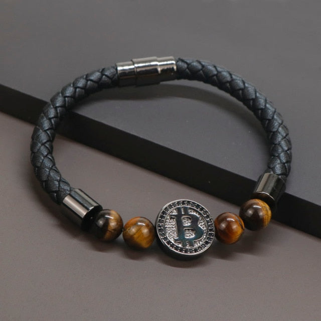 Natural Tiger Eye Stone Leather Bracelet - Coined Clothing